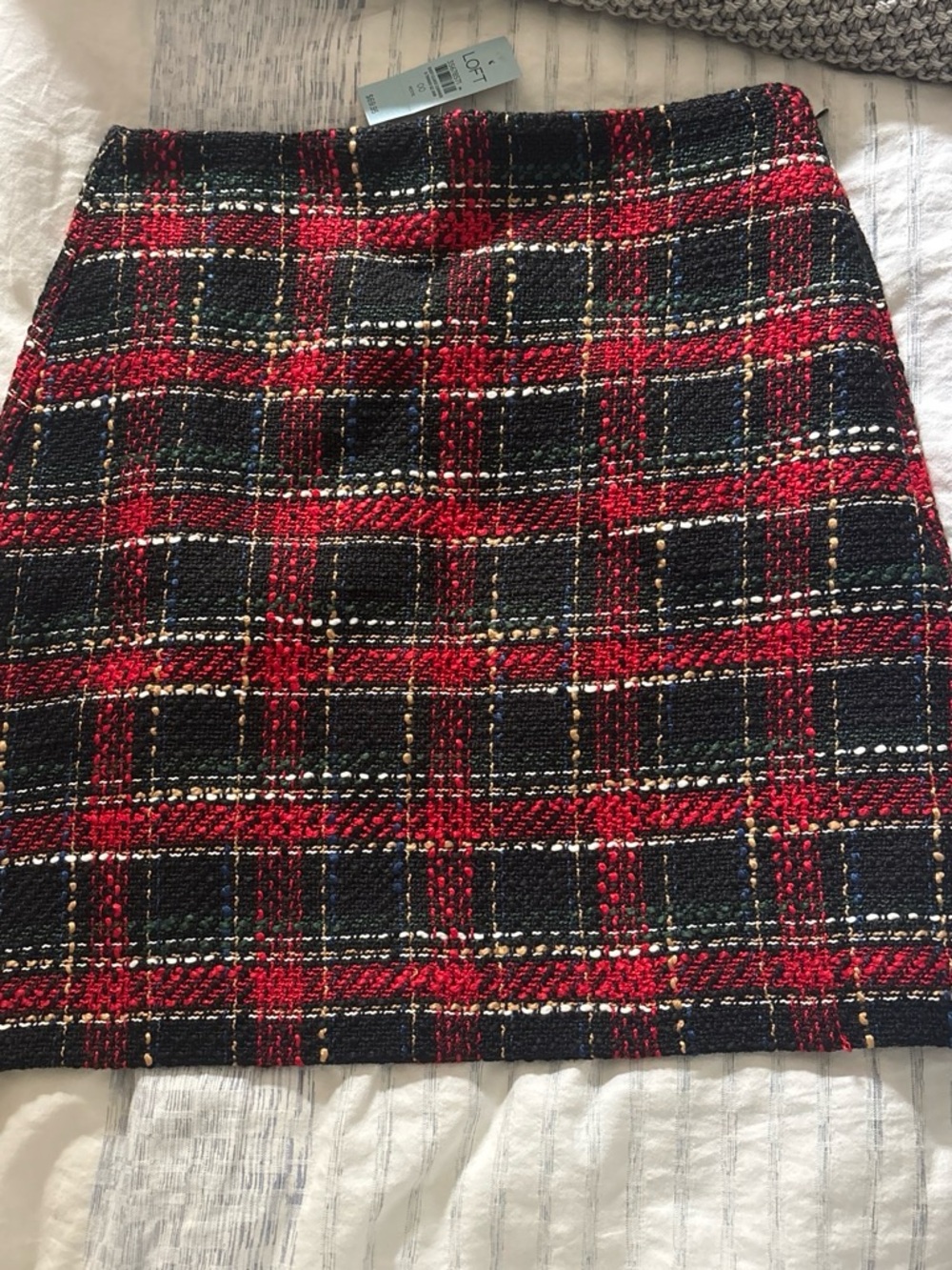 LOFT Red and Black Plaid Tweed Mini Skirt with Multicolor Accents